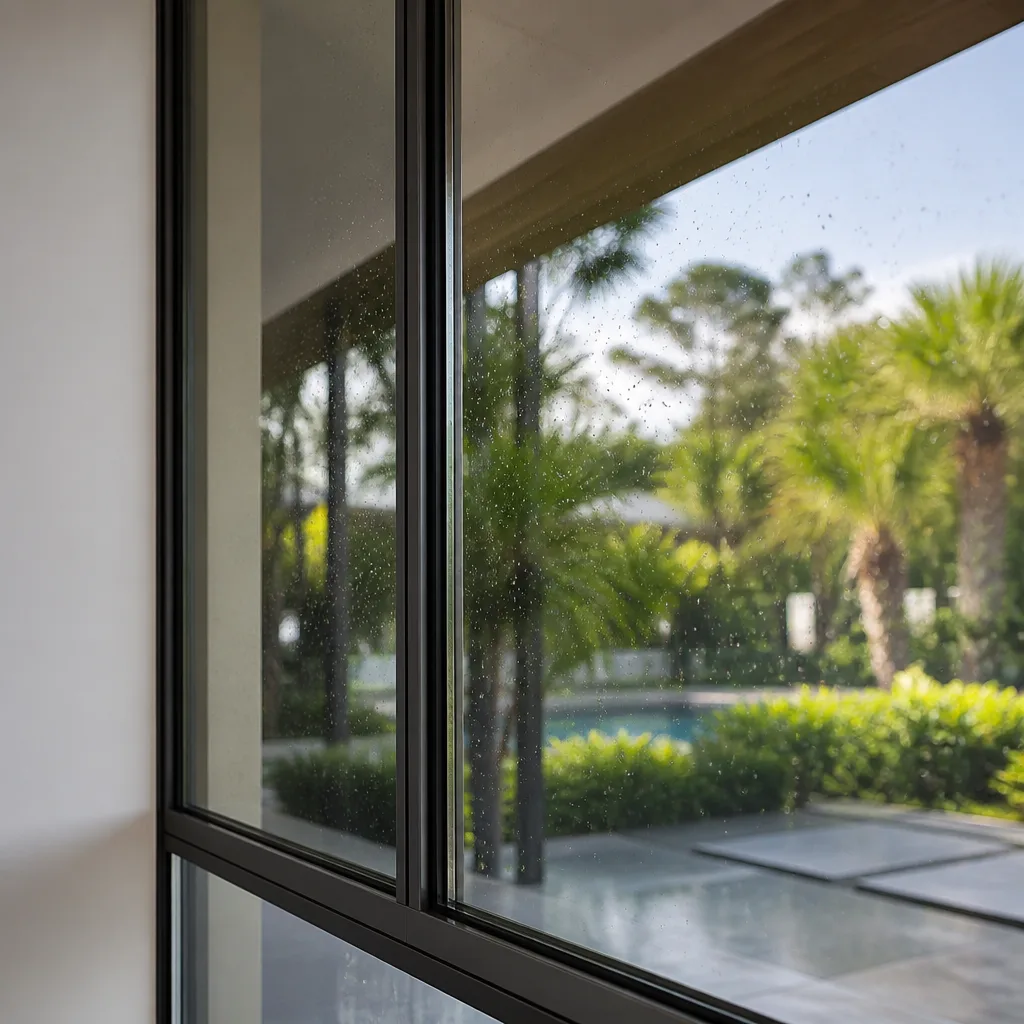 Modern black-framed glass window installation overlooking a tropical garden and pool