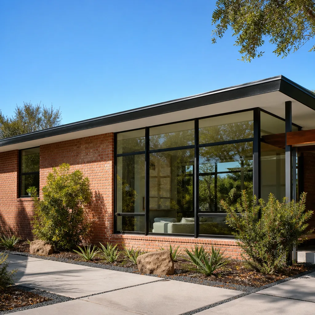 Modern home exterior with new black-framed glass windows